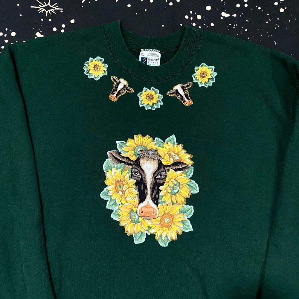 Pro Spirit Select Sweats Sweatshirt Womens XL Green Cotton Sunflowers Embroidery